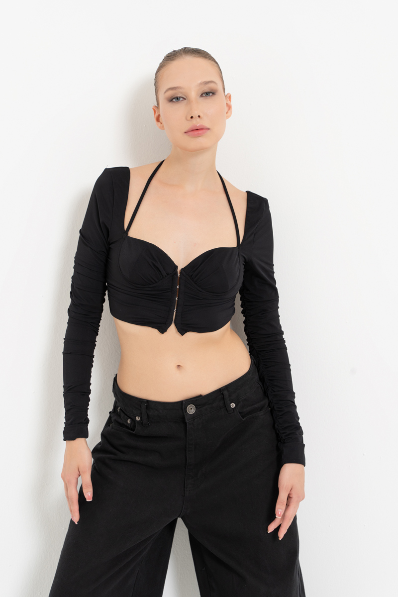 Black Long-Sleeve Strappy Mesh Crop Top