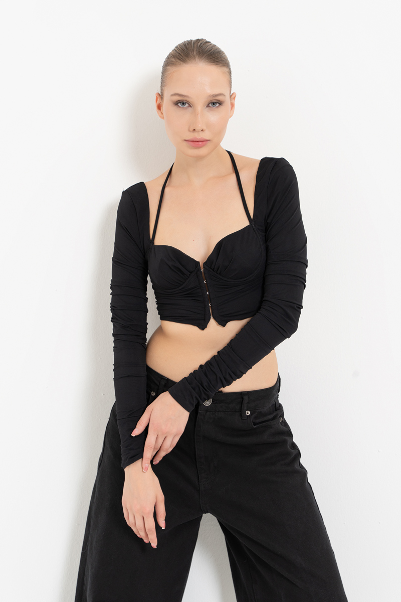 Black Long-Sleeve Strappy Mesh Crop Top