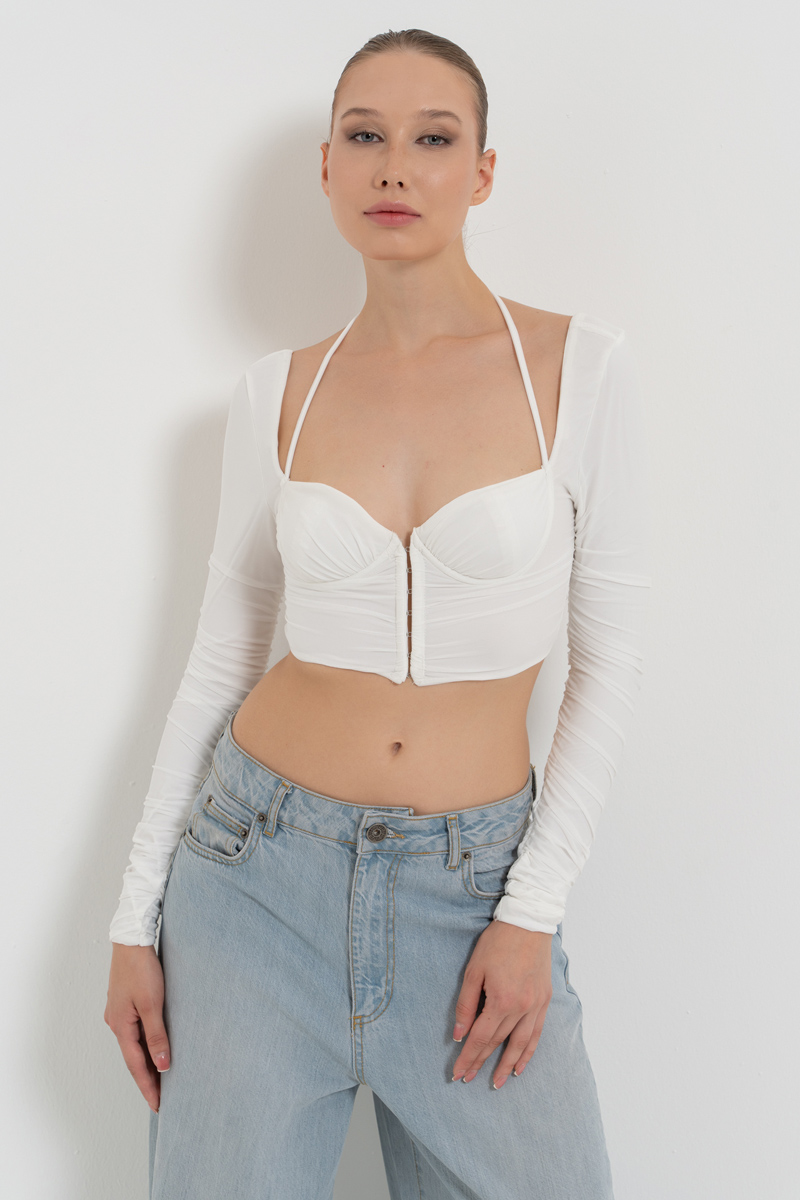 Offwhite Long-Sleeve Strappy Mesh Crop Top