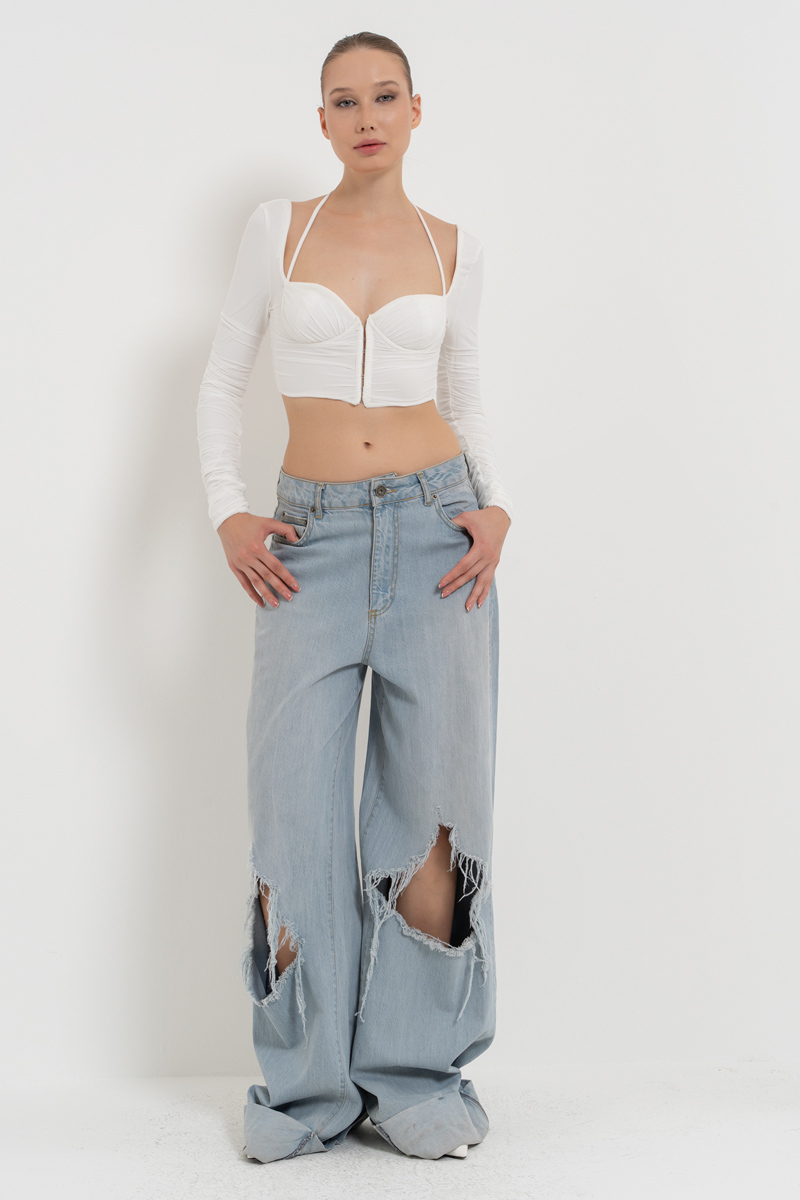 Offwhite Long-Sleeve Strappy Mesh Crop Top