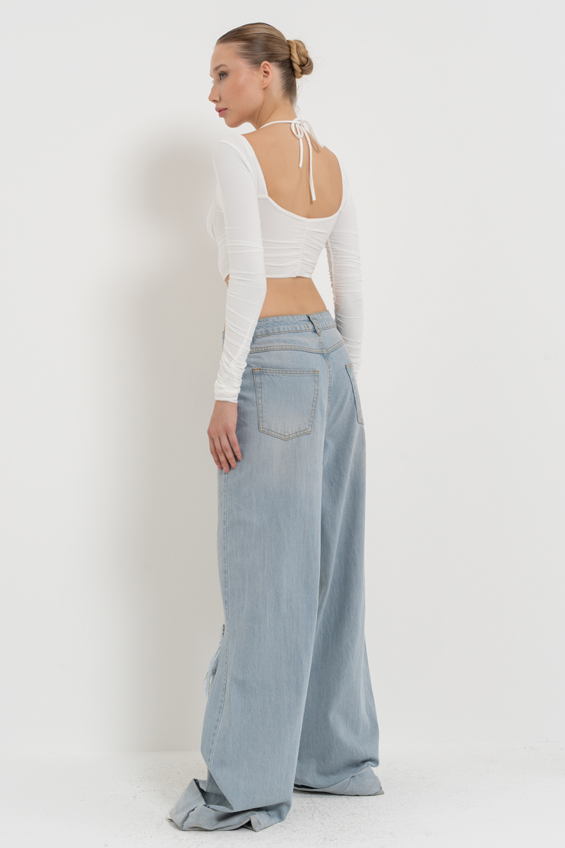 Offwhite Long-Sleeve Strappy Mesh Crop Top