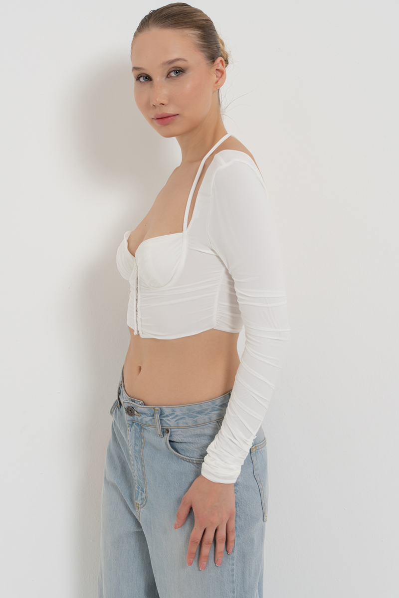 Offwhite Long-Sleeve Strappy Mesh Crop Top