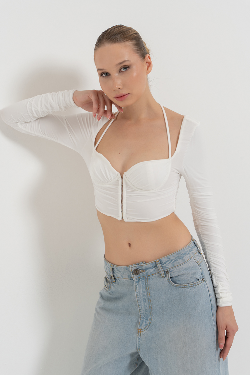 Offwhite Long-Sleeve Strappy Mesh Crop Top