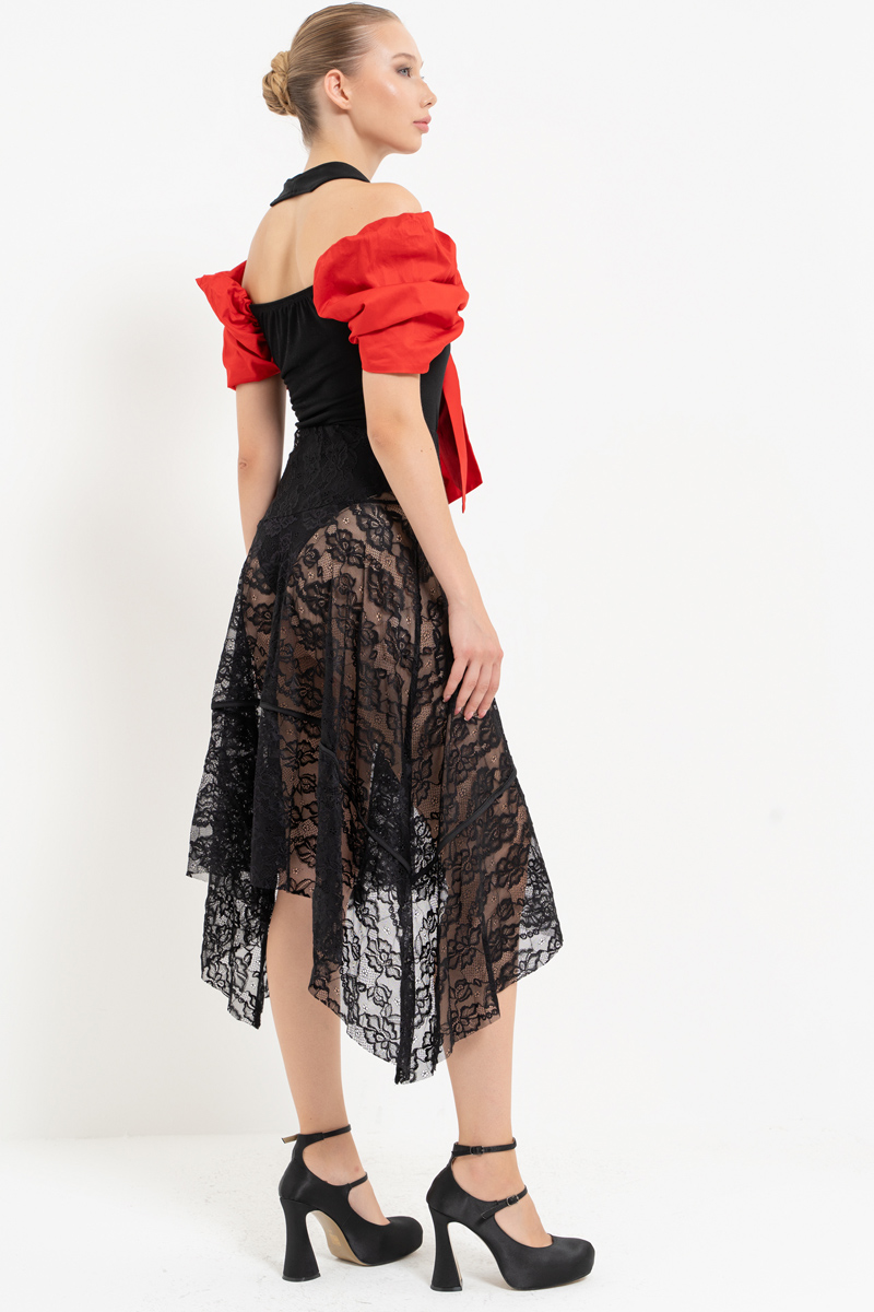 Black Elastic-Waist Lace Skirt