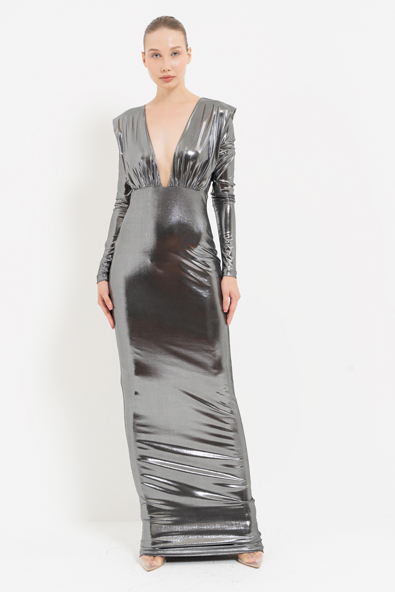 Shiny Black-Silver V-Neck Long-Sleeve Dress