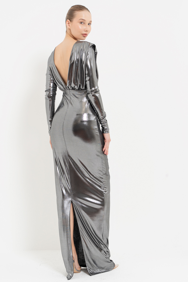 Shiny Black-Silver V-Neck Long-Sleeve Dress