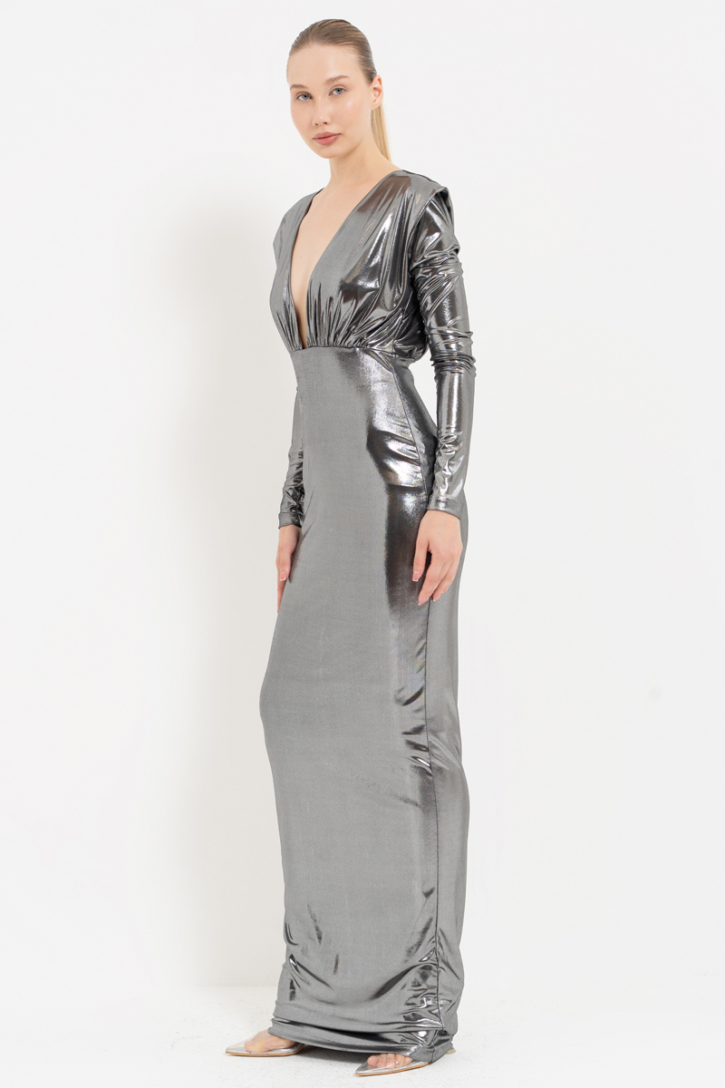 Shiny Black-Silver V-Neck Long-Sleeve Dress