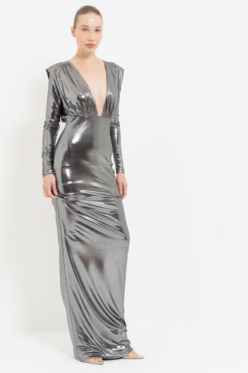 Shiny Black-Silver V-Neck Long-Sleeve Dress