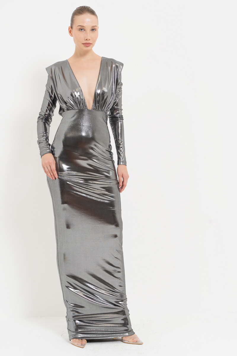 Shiny Black-Silver V-Neck Long-Sleeve Dress