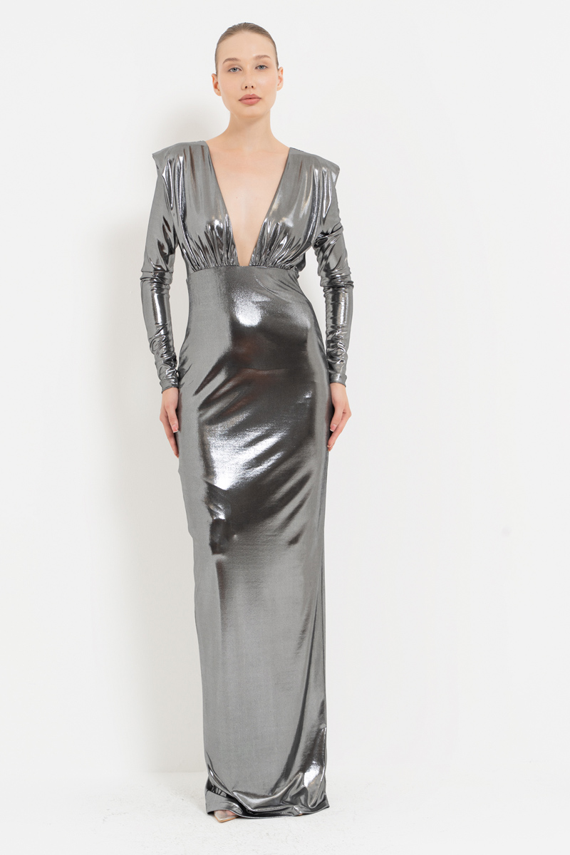 Shiny Black-Silver V-Neck Long-Sleeve Dress