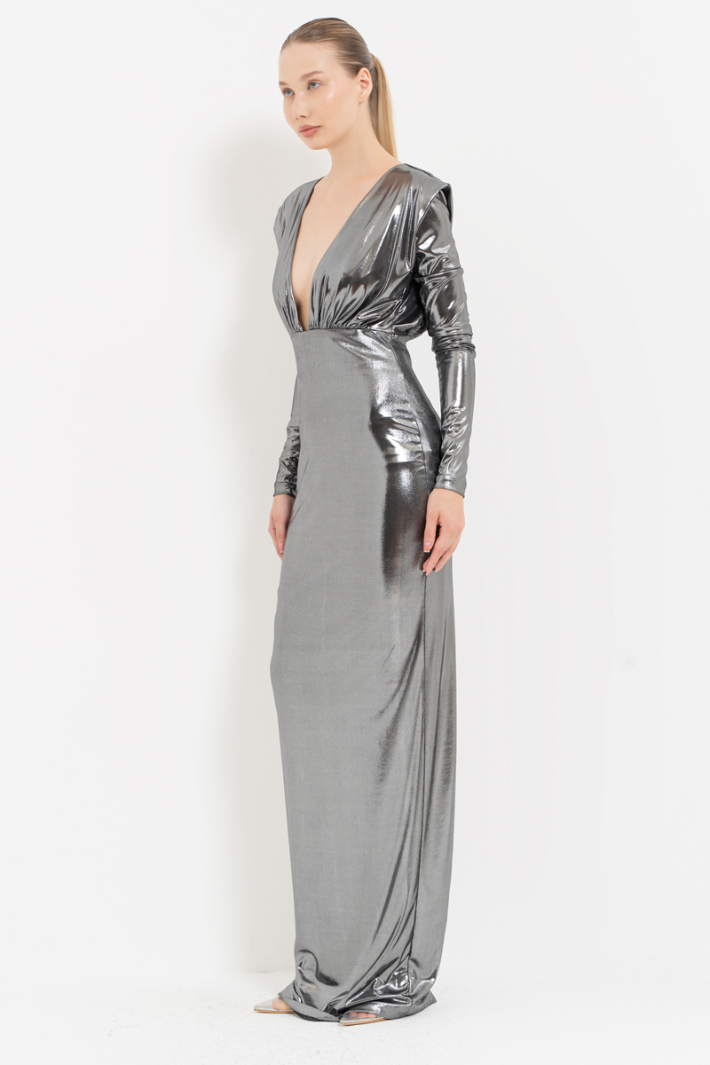 Shiny Black-Silver V-Neck Long-Sleeve Dress