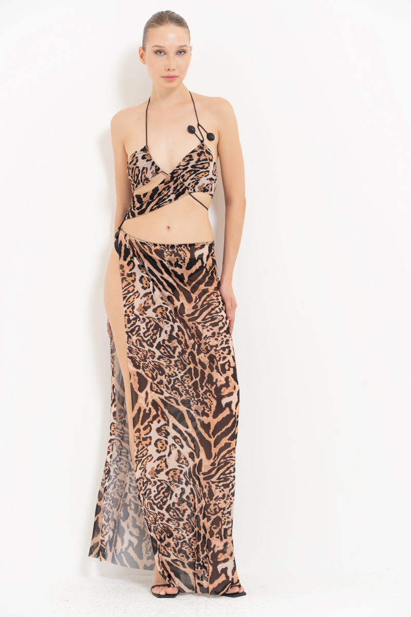 BROWN-BLACK-NUDE-JAGUAR Printed Cut Out Mesh Dress