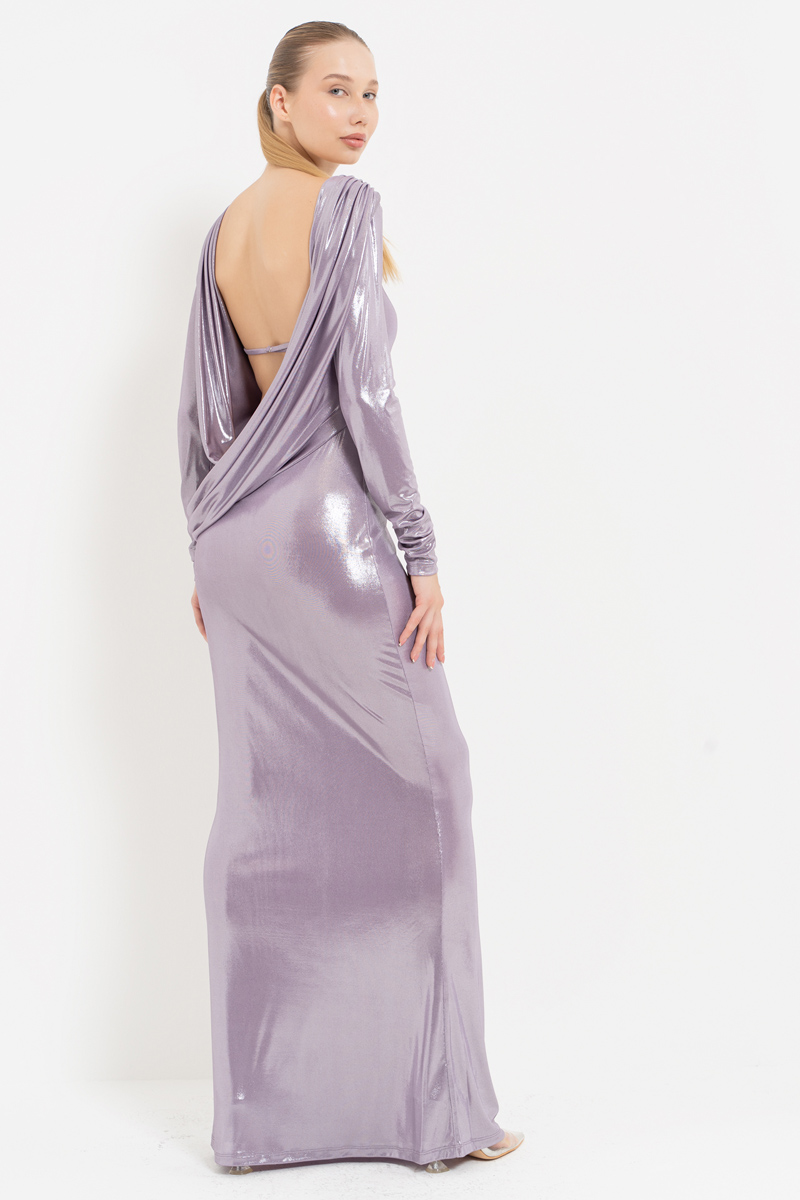 Shiny Lilac & Silver Backless Long-Sleeve Dress