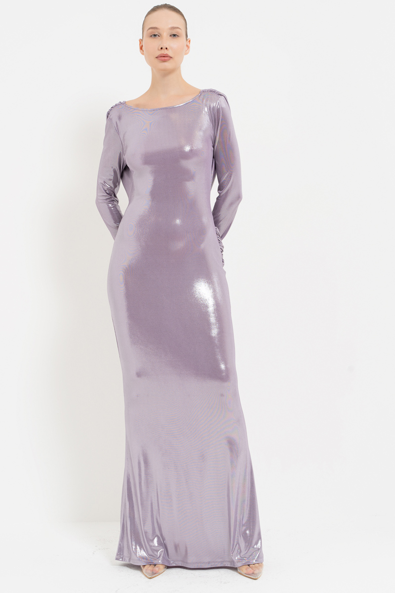 Shiny Lilac & Silver Backless Long-Sleeve Dress