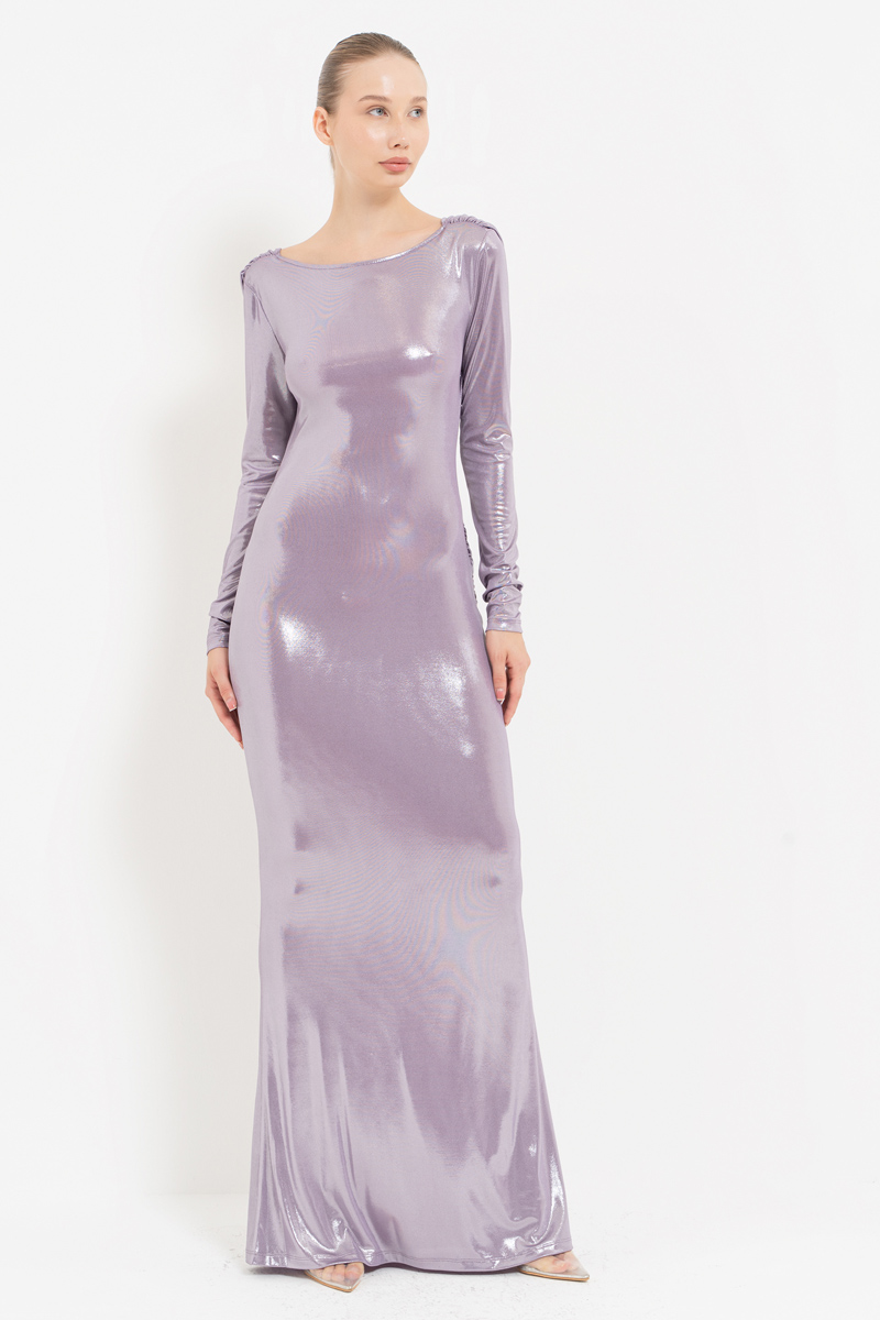 Shiny Lilac & Silver Backless Long-Sleeve Dress