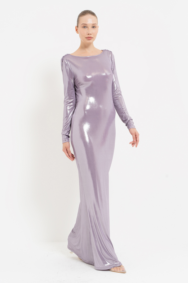 Shiny Lilac & Silver Backless Long-Sleeve Dress