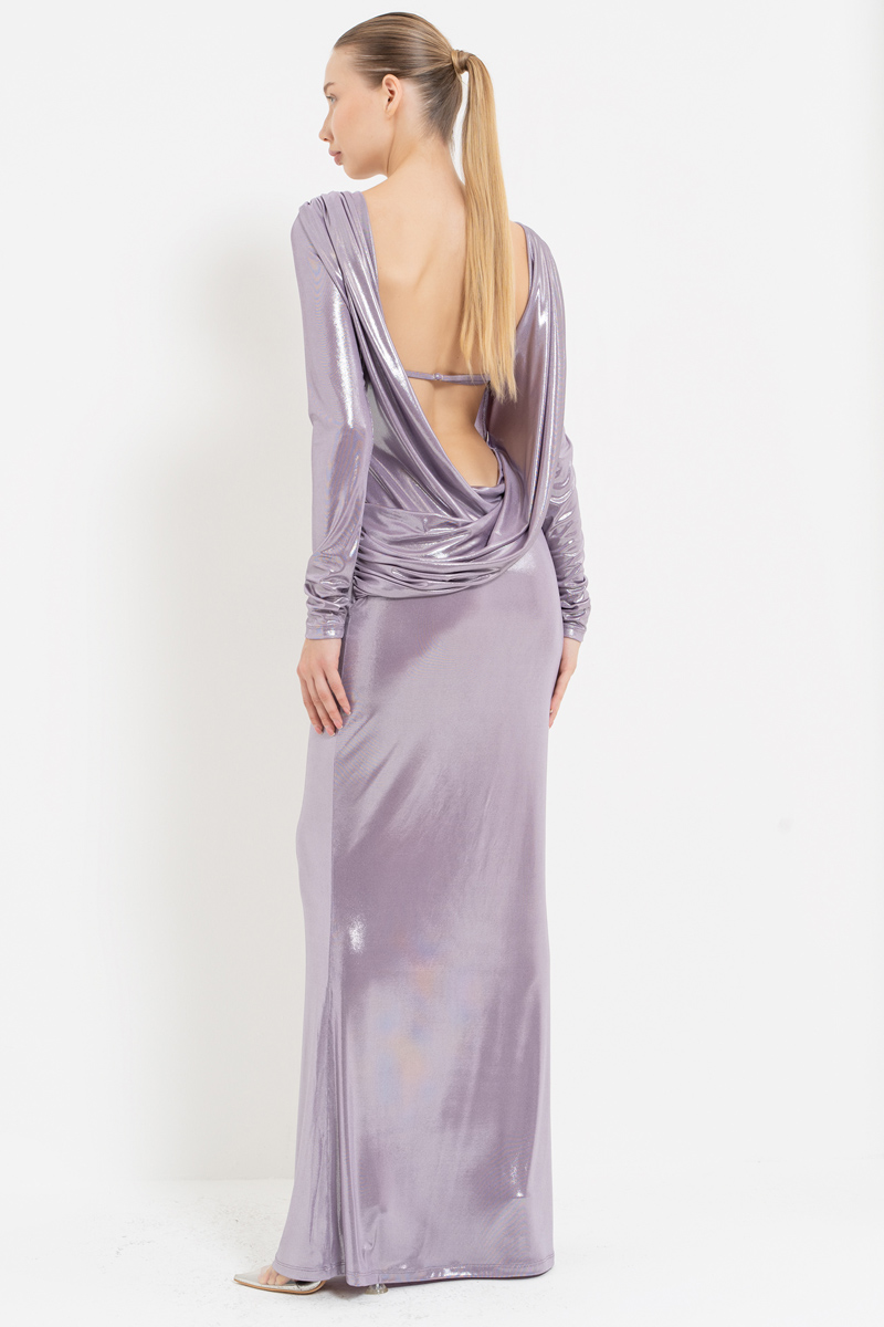 Shiny Lilac & Silver Backless Long-Sleeve Dress