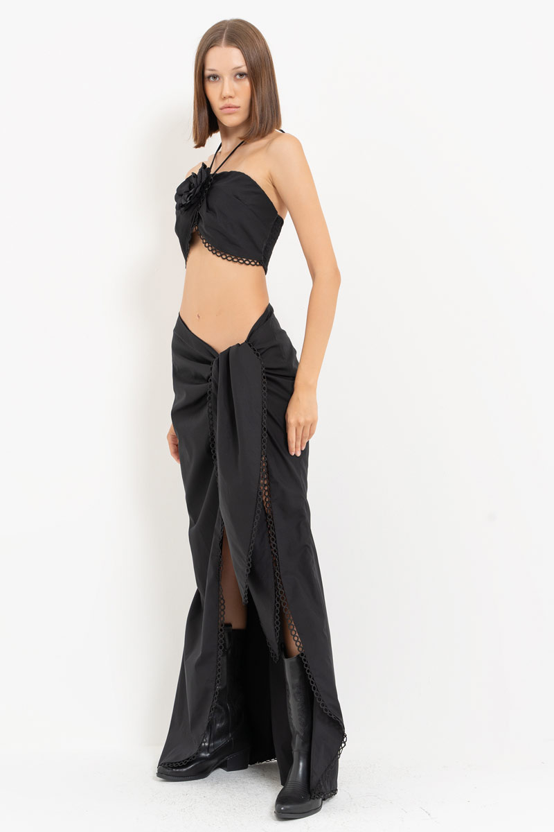 Black Rose-Accent Crop Cami & Tie-Accent Skirt Set