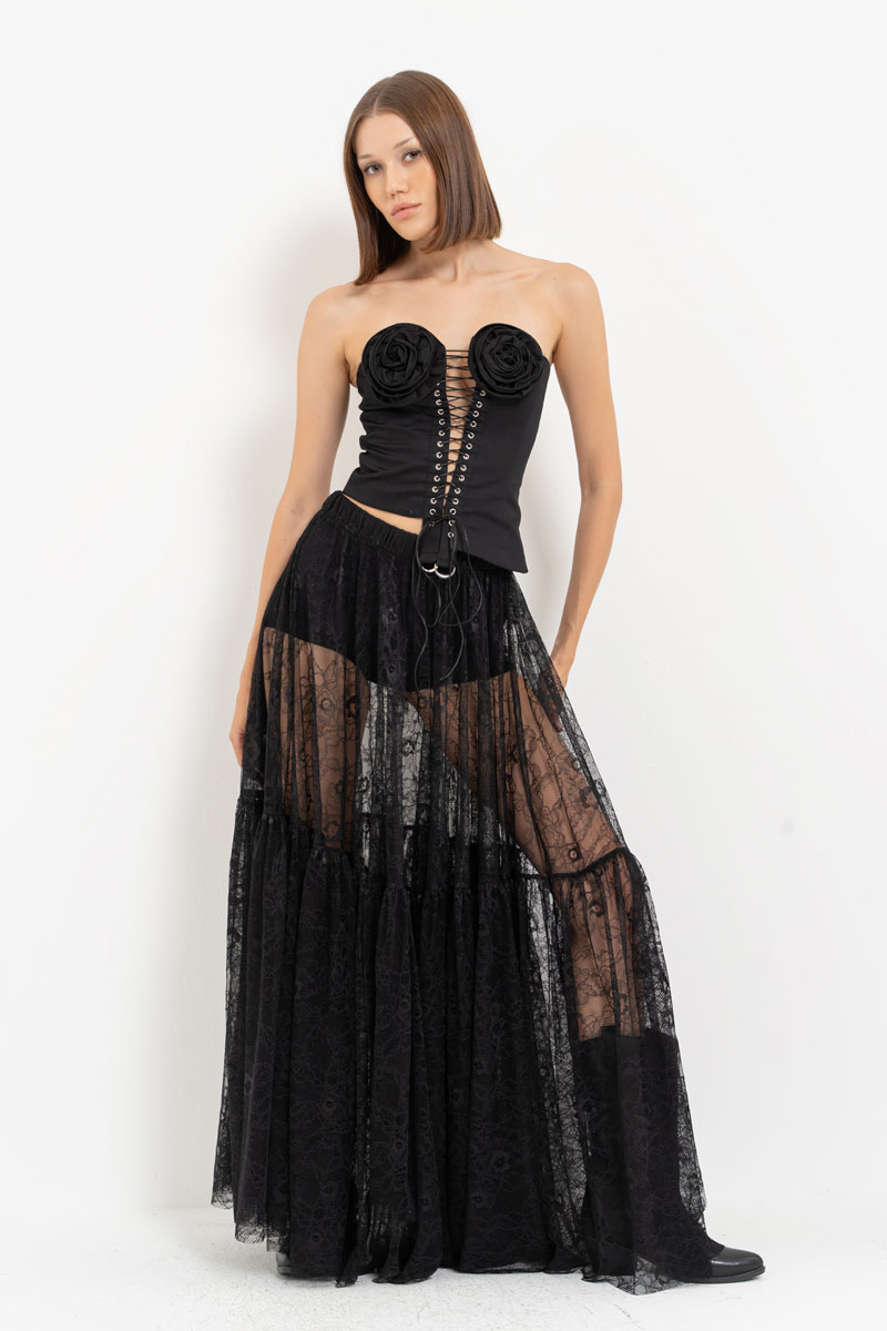 Black Rose-Accent Eyelet Bustier