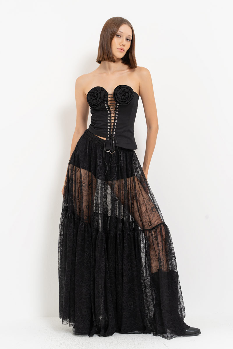 Black Rose-Accent Eyelet Bustier