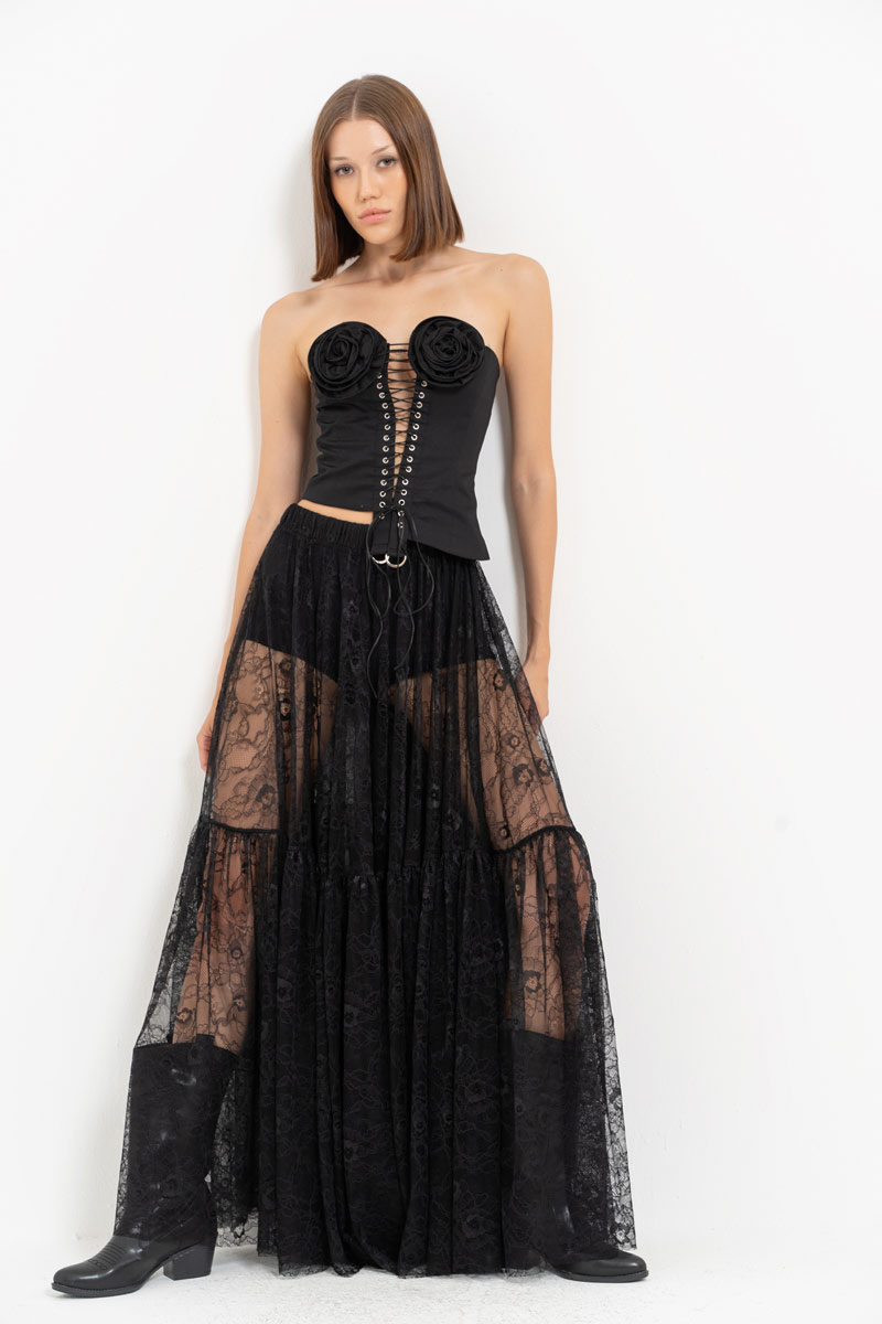 Black Rose-Accent Eyelet Bustier