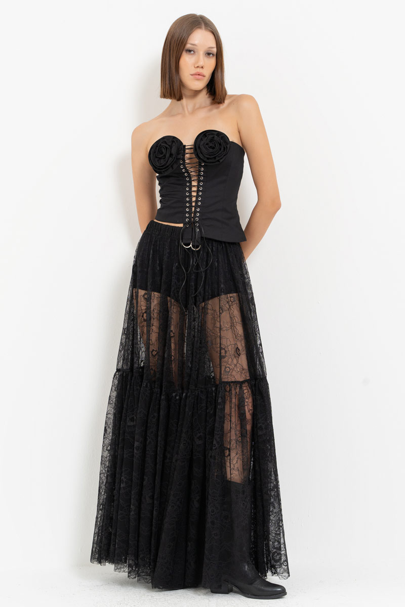 Black Rose-Accent Eyelet Bustier