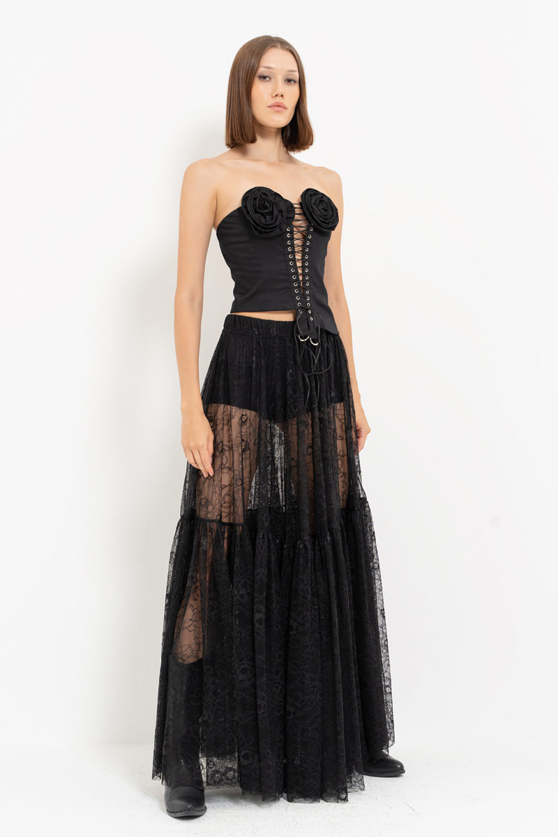 Black Elastic-Waist Lace Maxi Skirt