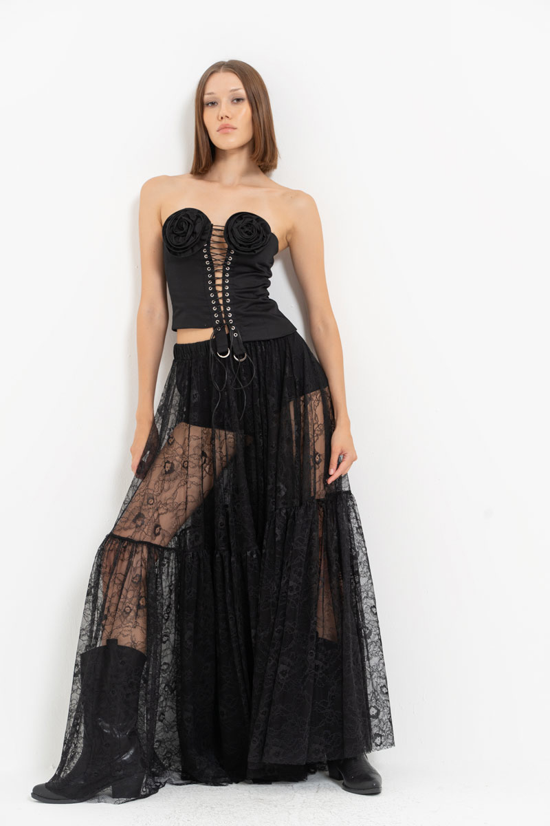 Black Elastic-Waist Lace Maxi Skirt