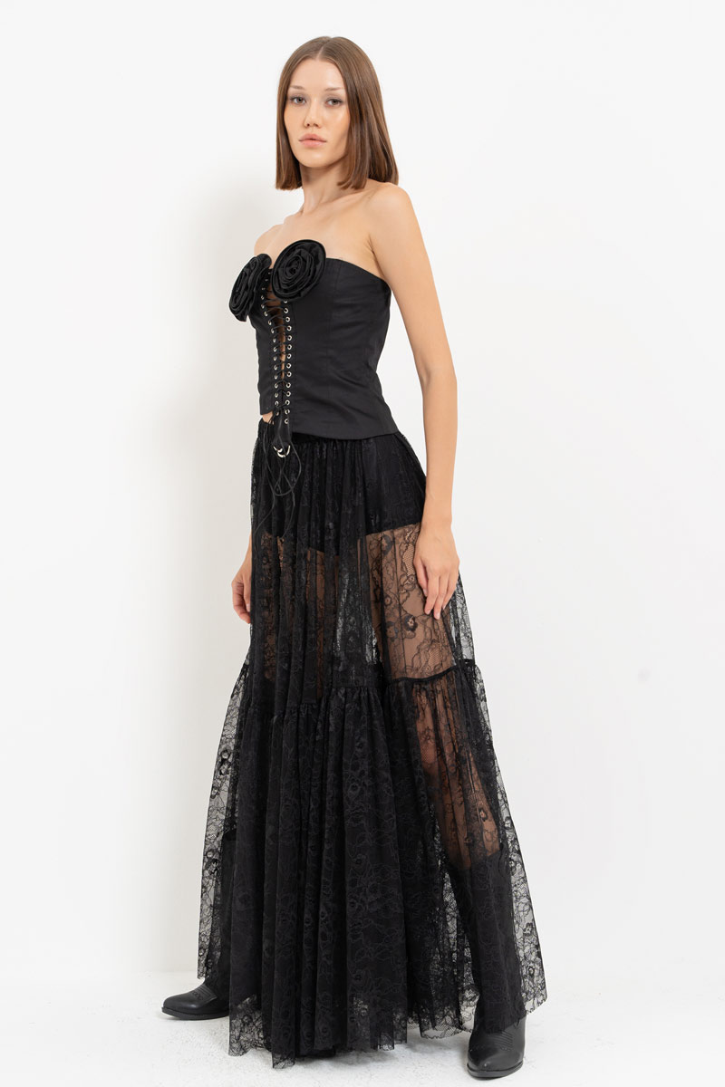 Black Elastic-Waist Lace Maxi Skirt