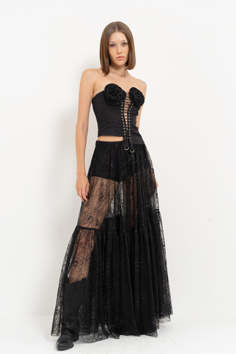 Black Elastic-Waist Lace Maxi Skirt