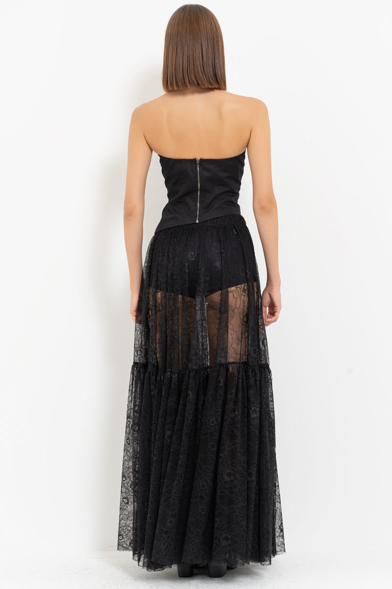 Black Elastic-Waist Lace Maxi Skirt