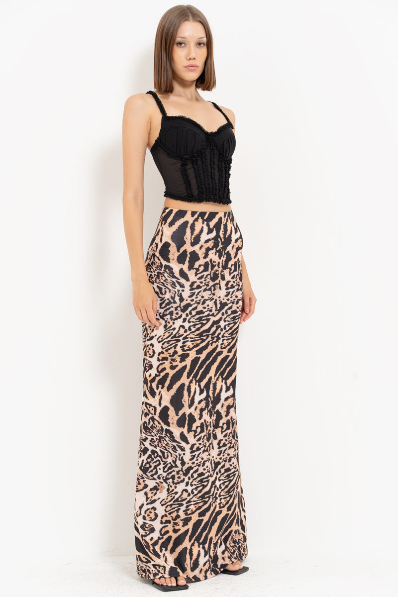 BROWN-BLACK-NUDE-JAGUAR Printed Maxi Skirt with Elastic Waistband