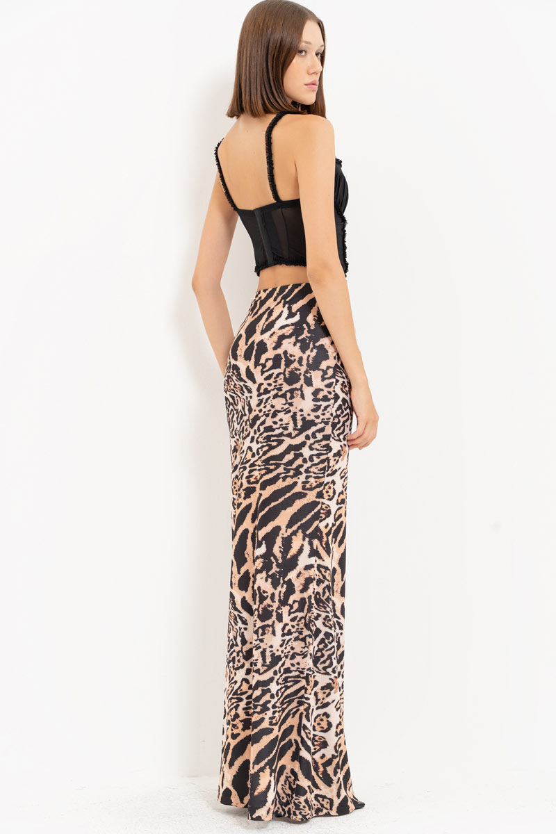 BROWN-BLACK-NUDE-JAGUAR Printed Maxi Skirt with Elastic Waistband