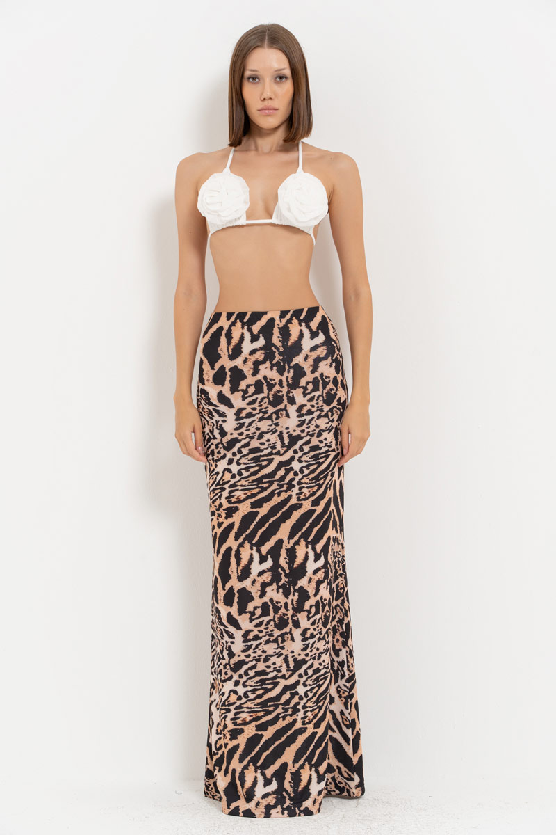 BROWN-BLACK-NUDE-JAGUAR Printed Maxi Skirt with Elastic Waistband