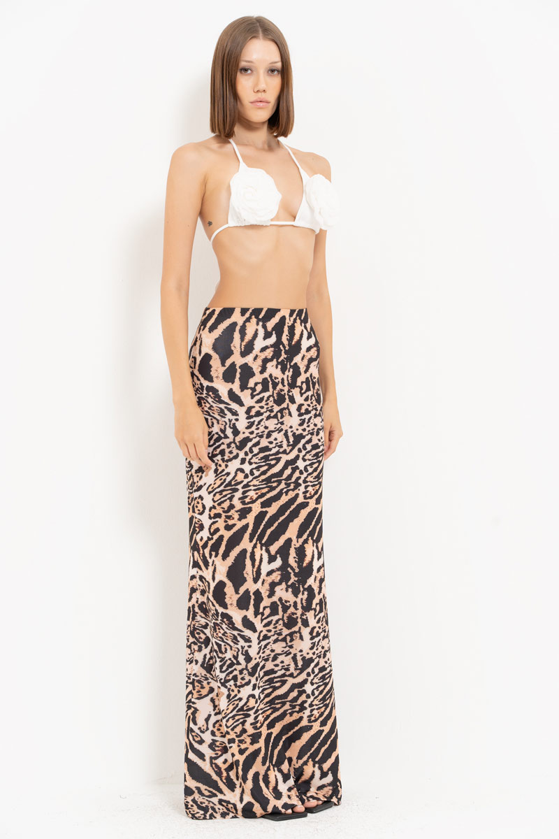 BROWN-BLACK-NUDE-JAGUAR Printed Maxi Skirt with Elastic Waistband