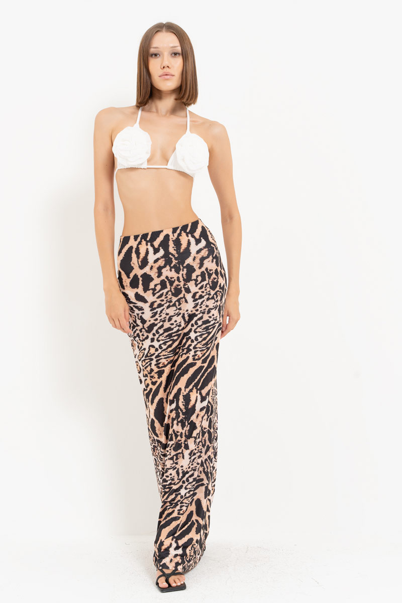 BROWN-BLACK-NUDE-JAGUAR Printed Maxi Skirt with Elastic Waistband