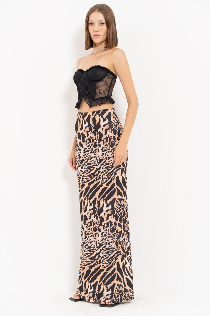 BROWN-BLACK-NUDE-JAGUAR Printed Maxi Skirt with Elastic Waistband