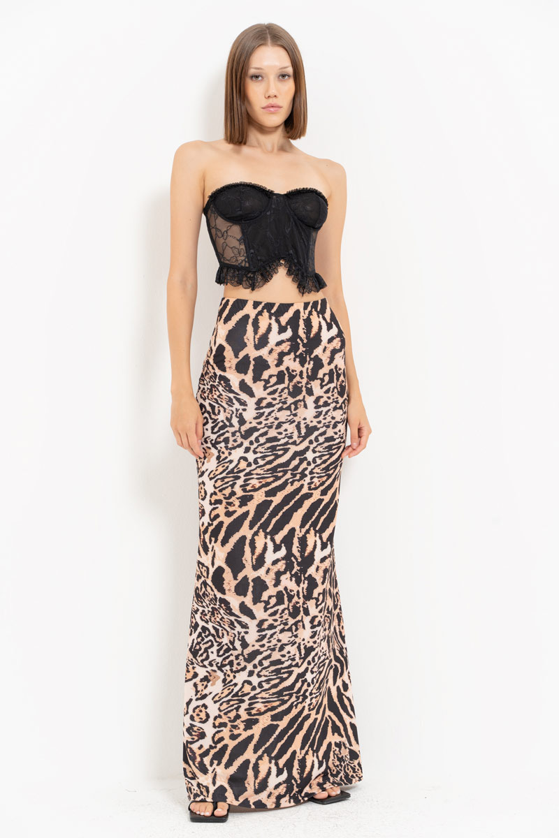 BROWN-BLACK-NUDE-JAGUAR Printed Maxi Skirt with Elastic Waistband