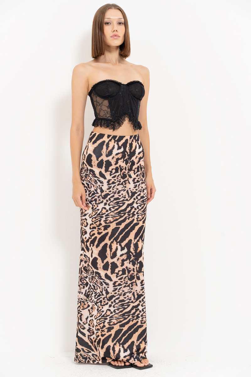 BROWN-BLACK-NUDE-JAGUAR Printed Maxi Skirt with Elastic Waistband