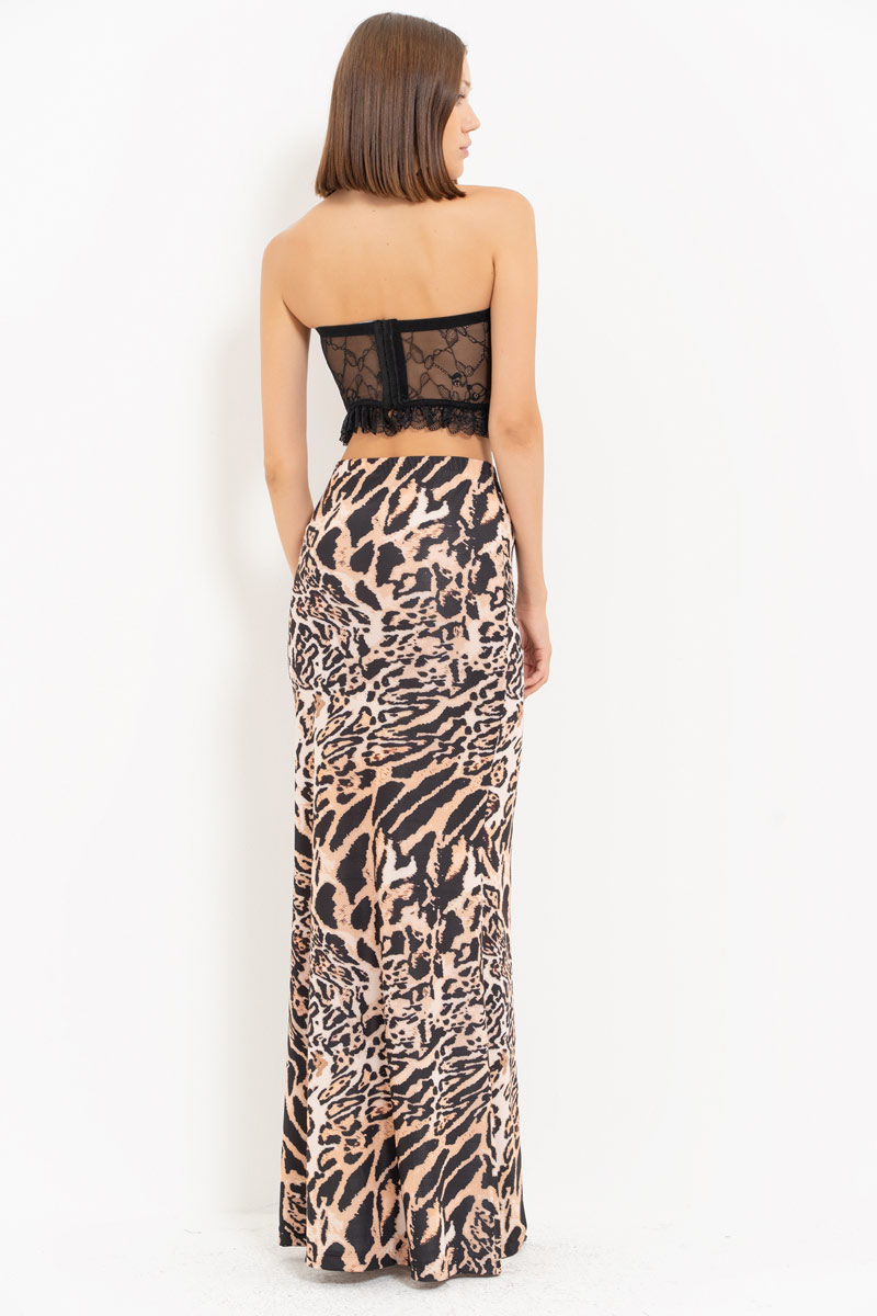 BROWN-BLACK-NUDE-JAGUAR Printed Maxi Skirt with Elastic Waistband