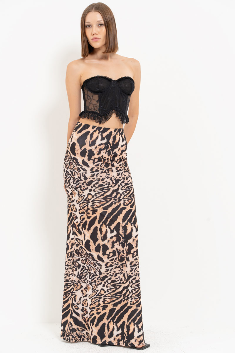 BROWN-BLACK-NUDE-JAGUAR Printed Maxi Skirt with Elastic Waistband