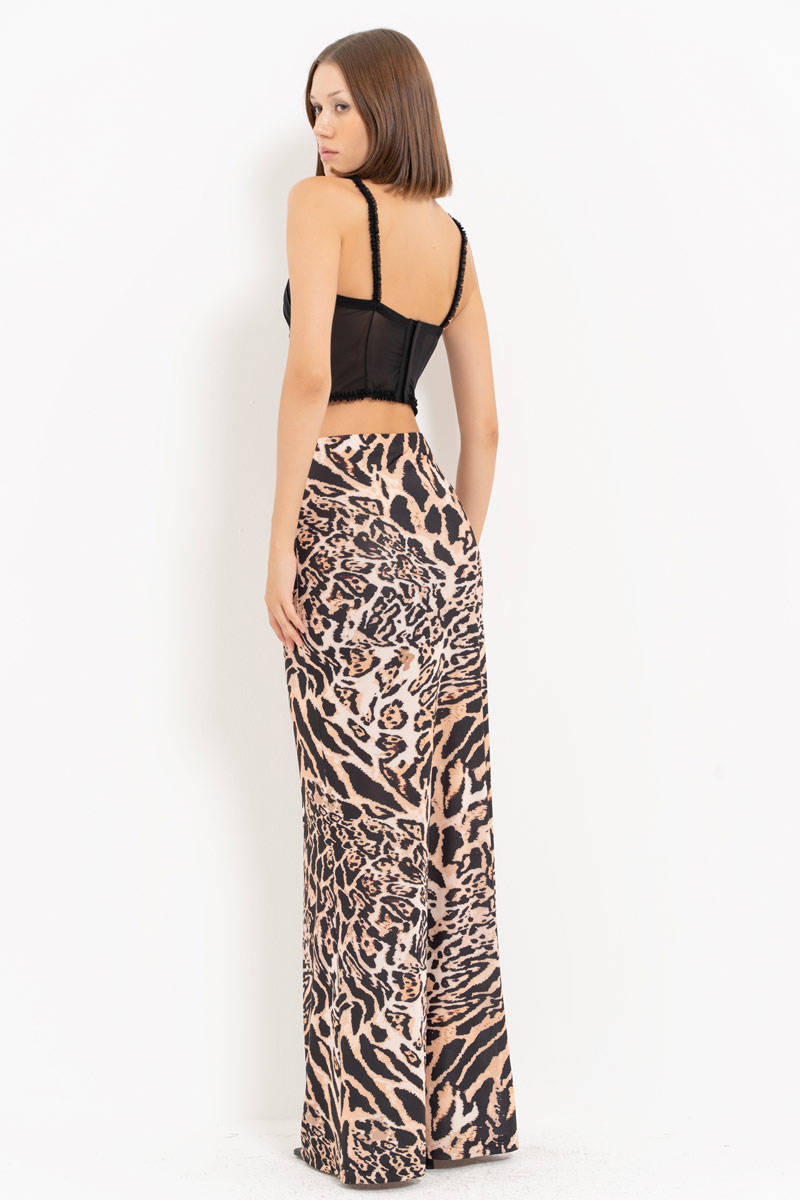 BROWN-BLACK-NUDE-JAGUAR Printed Maxi Skirt with Elastic Waistband