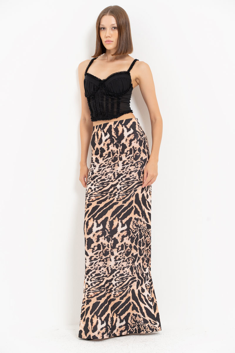 BROWN-BLACK-NUDE-JAGUAR Printed Maxi Skirt with Elastic Waistband