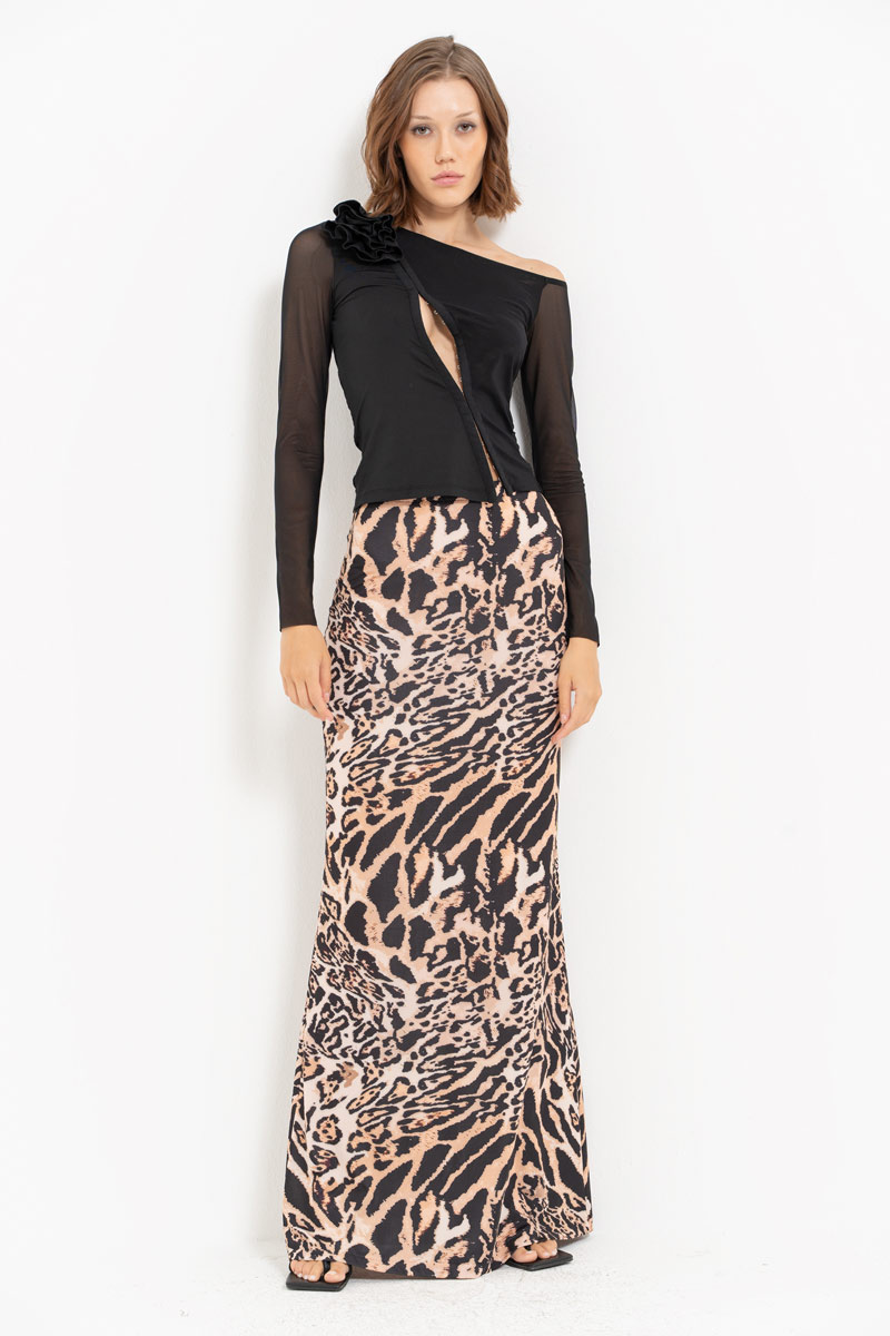 BROWN-BLACK-NUDE-JAGUAR Printed Maxi Skirt with Elastic Waistband