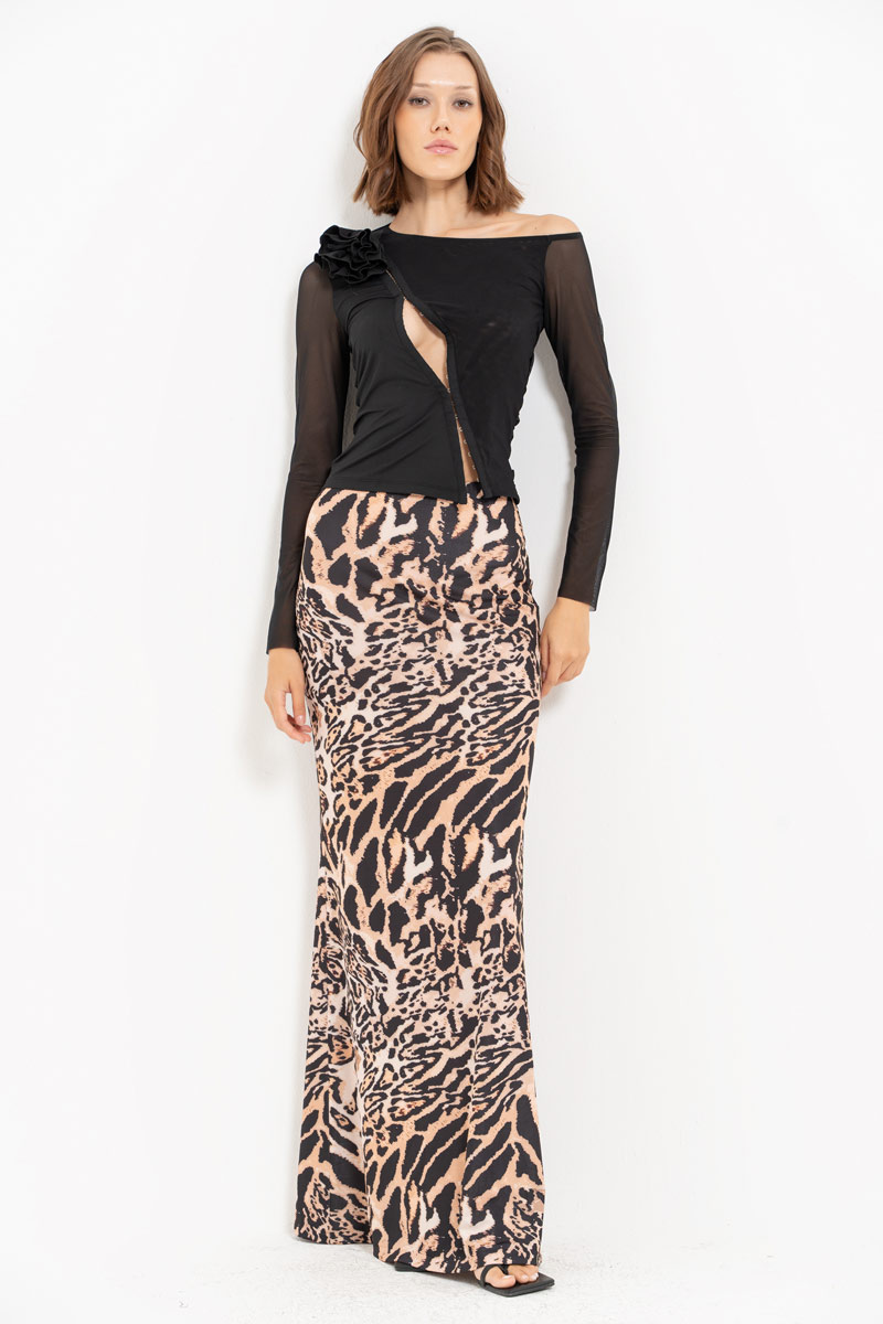 BROWN-BLACK-NUDE-JAGUAR Printed Maxi Skirt with Elastic Waistband