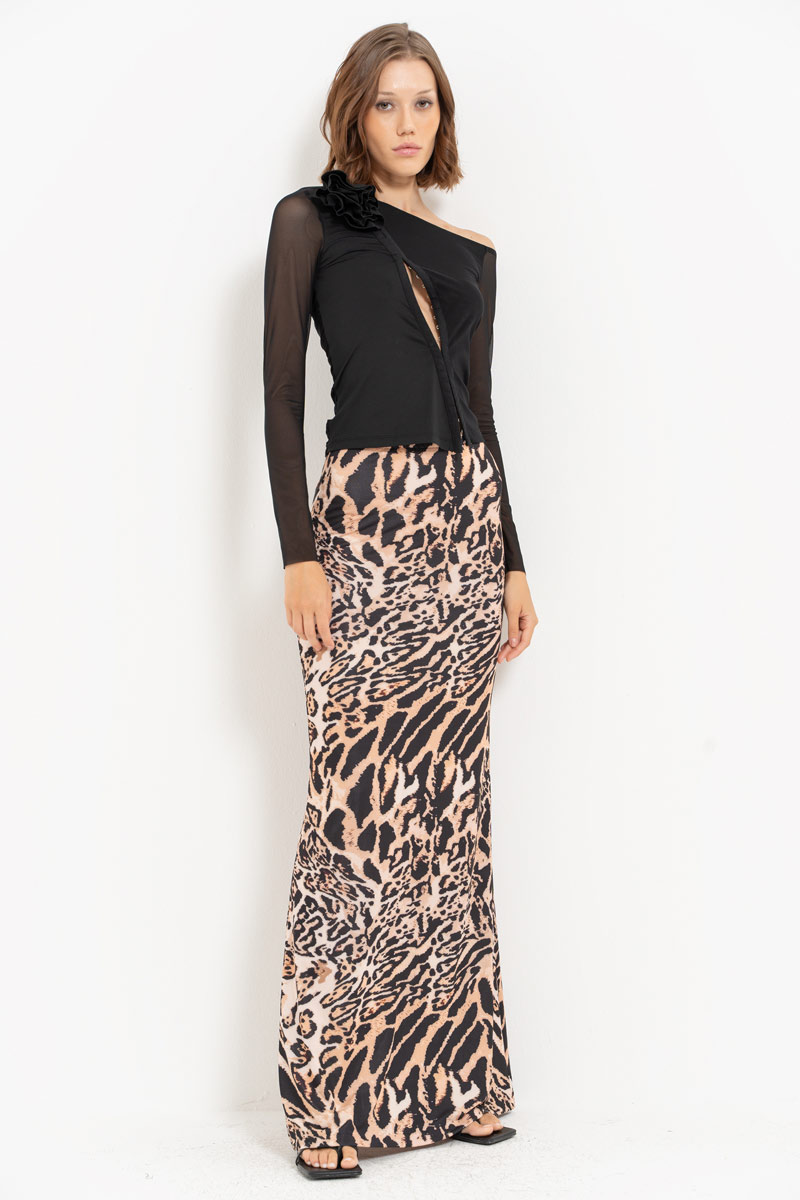 BROWN-BLACK-NUDE-JAGUAR Printed Maxi Skirt with Elastic Waistband