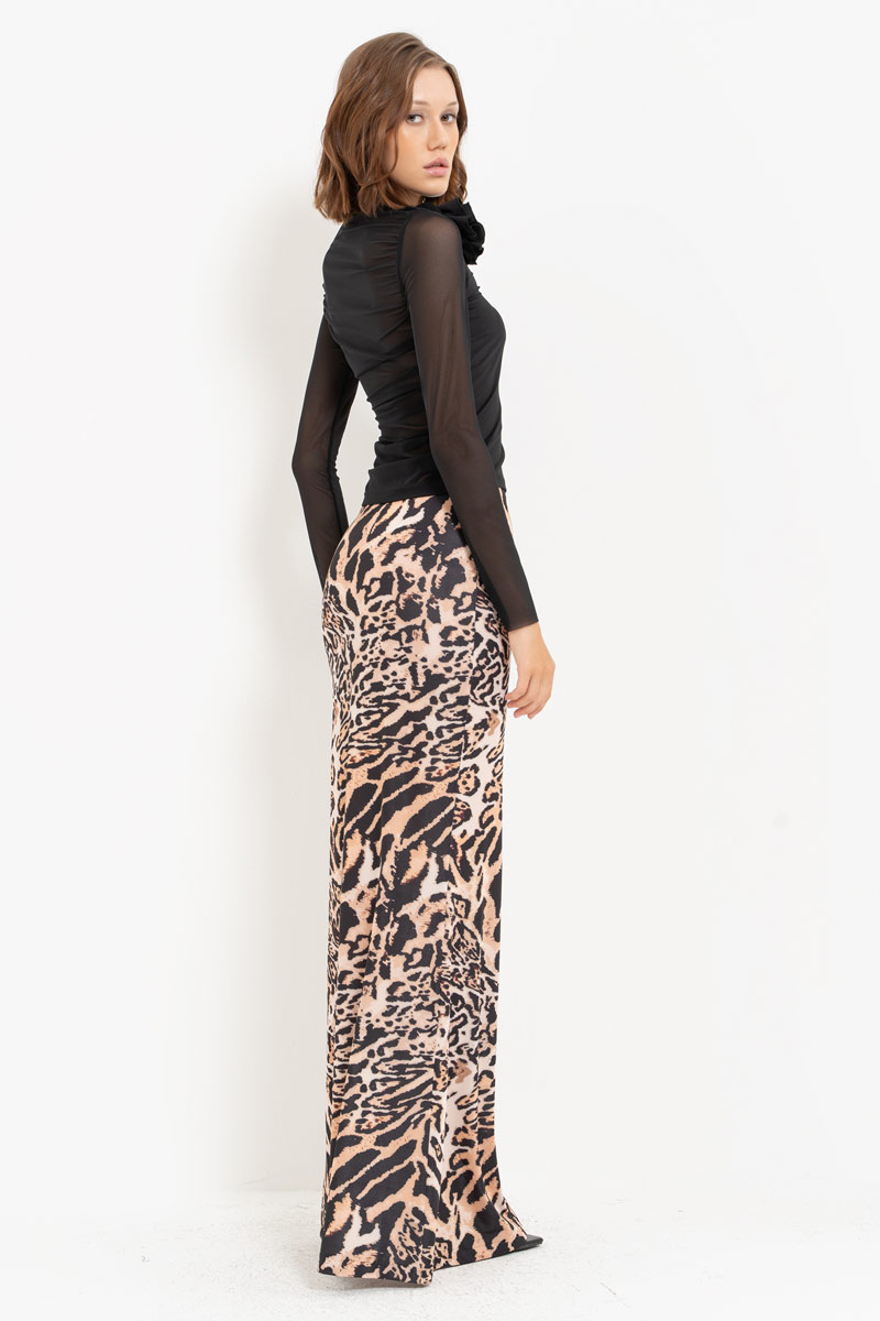 BROWN-BLACK-NUDE-JAGUAR Printed Maxi Skirt with Elastic Waistband