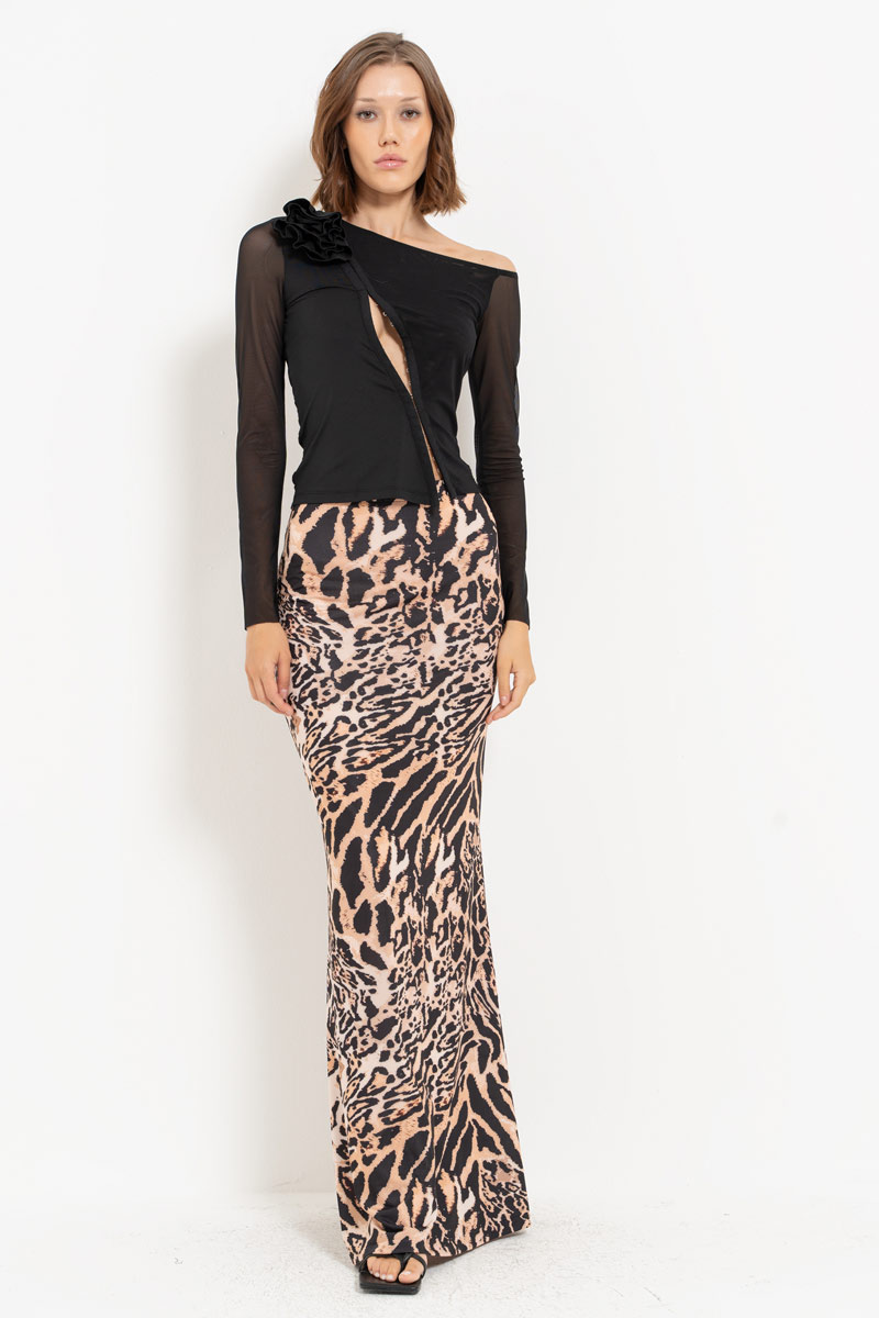 BROWN-BLACK-NUDE-JAGUAR Printed Maxi Skirt with Elastic Waistband