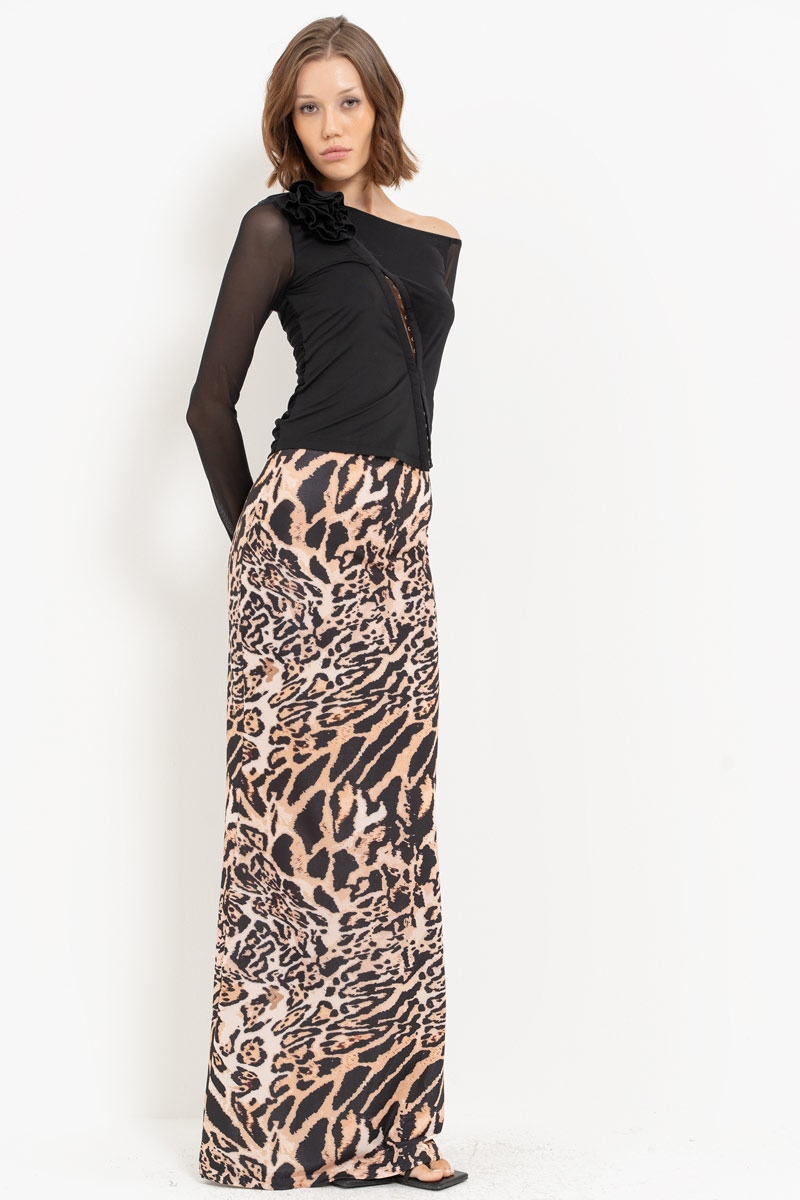 BROWN-BLACK-NUDE-JAGUAR Printed Maxi Skirt with Elastic Waistband