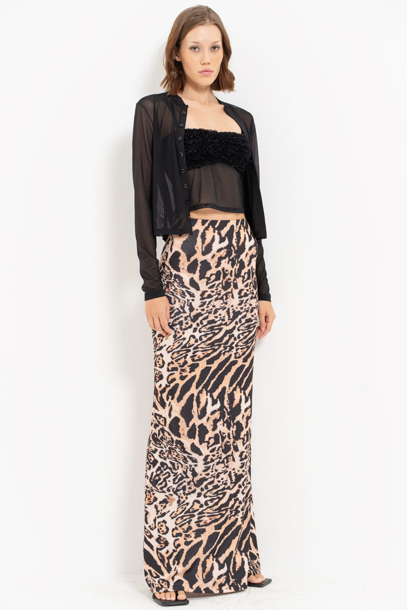 BROWN-BLACK-NUDE-JAGUAR Printed Maxi Skirt with Elastic Waistband